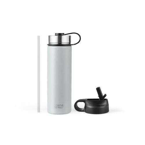 22 Oz Double-Walled Insulated Stainless Steel Water Bottle, 2 Lids, Gray