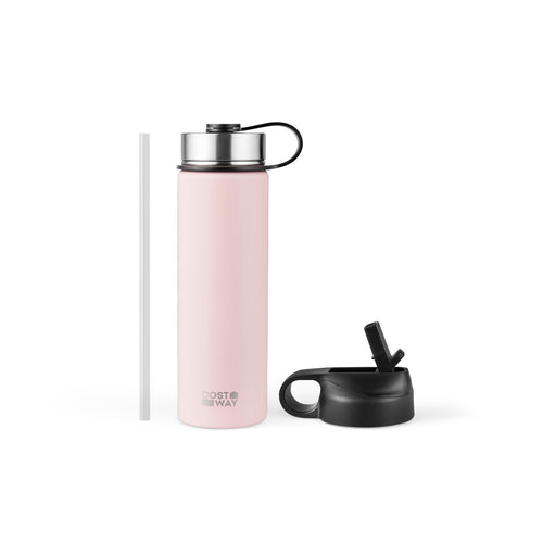 22 Oz Double-Walled Insulated Stainless Steel Water Bottle, 2 Lids, Pink
