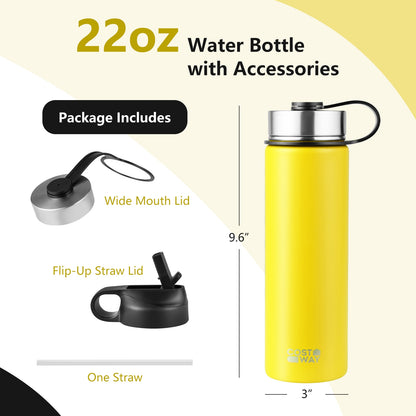 22 Oz Double-walled Insulated Stainless Steel Water Bottle with 2 Lids and Straw, Yellow Kitchen Utensils at Gallery Canada