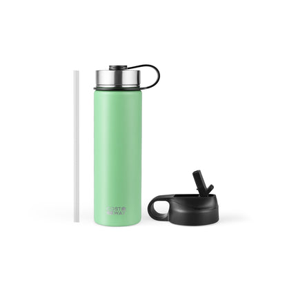22 Oz Double-Walled Insulated Steel Water Bottle, 2 Lids, Straw, Green Kitchen Utensils at Gallery Canada