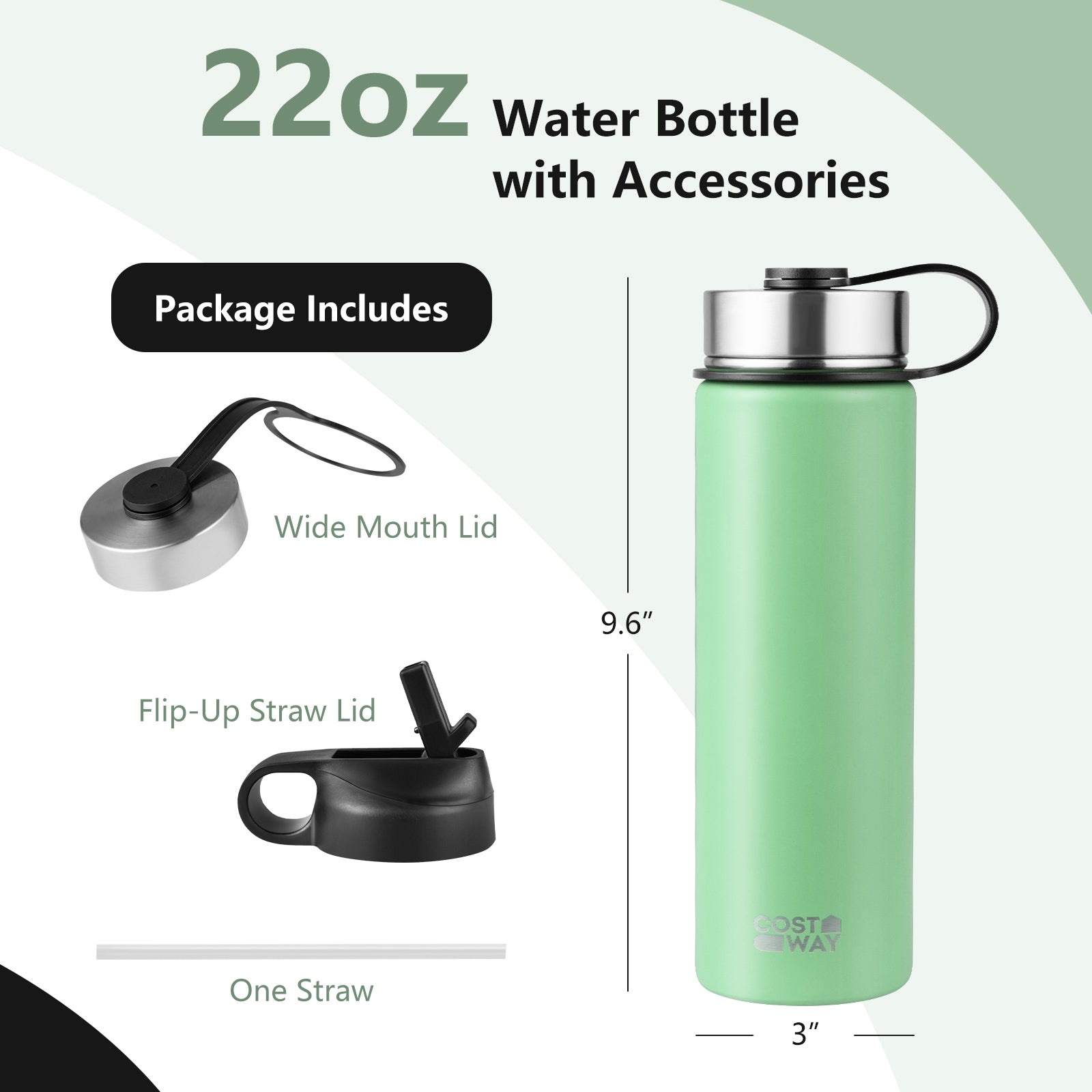 22 Oz Double-walled Insulated Stainless Steel Water Bottle with 2 Lids and Straw, Green Kitchen Utensils at Gallery Canada