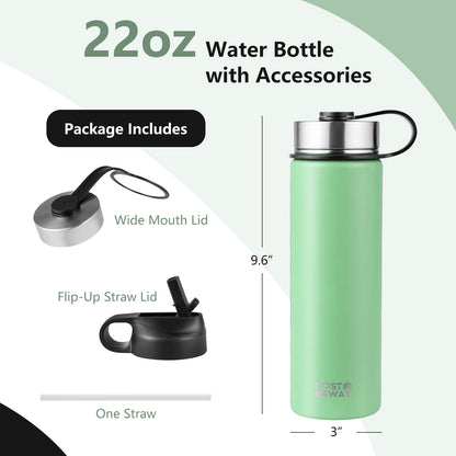 22 Oz Double-walled Insulated Stainless Steel Water Bottle with 2 Lids and Straw, Green Kitchen Utensils at Gallery Canada