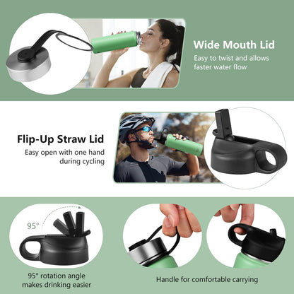 22 Oz Double-walled Insulated Stainless Steel Water Bottle with 2 Lids and Straw, Green Kitchen Utensils at Gallery Canada