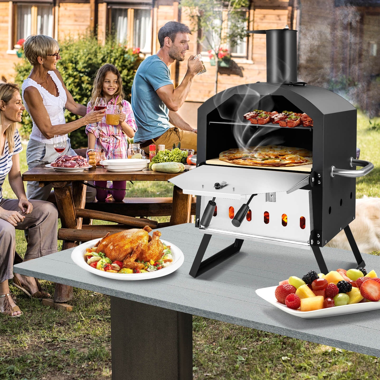 Outdoor Pizza Oven with Anti-scalding Handles and Foldable Legs, Black Outdoor Grills at Gallery Canada