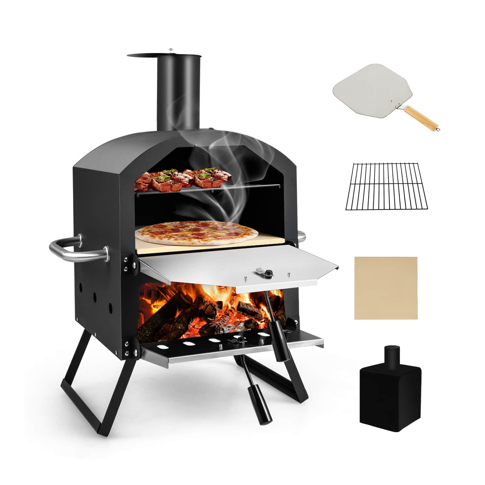 Outdoor Pizza Oven with Anti-scalding Handles and Foldable Legs, Black Outdoor Grills at Gallery Canada