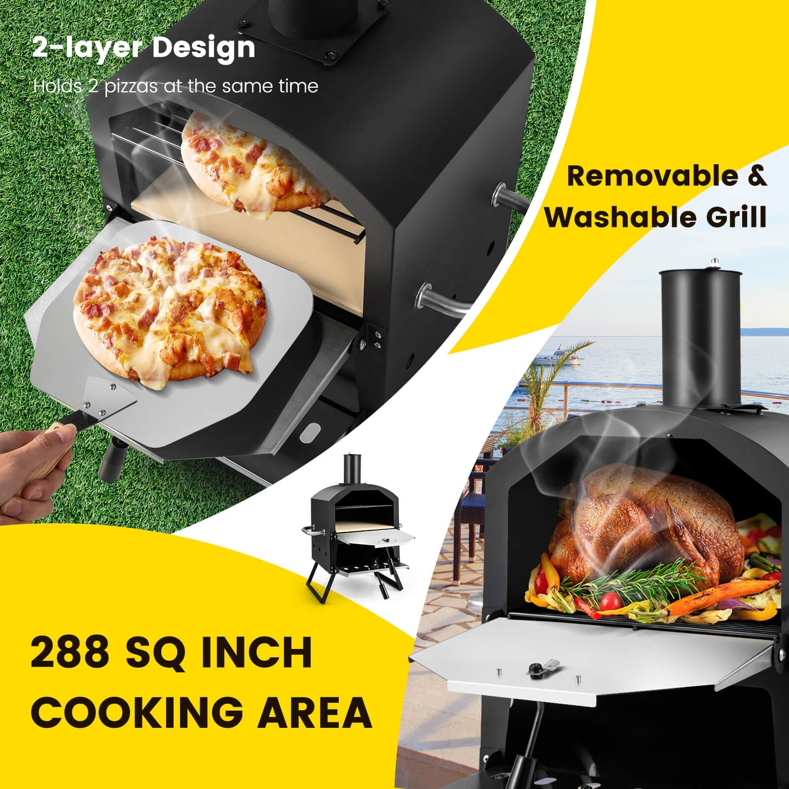 Outdoor Pizza Oven with Anti-scalding Handles and Foldable Legs, Black Outdoor Grills at Gallery Canada