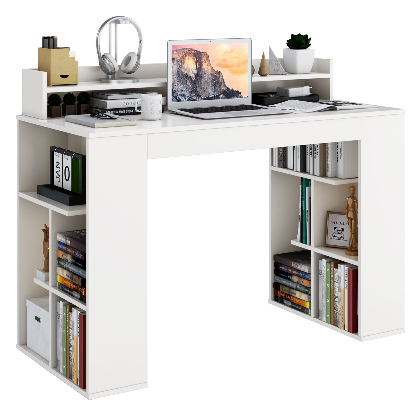 Computer Desk With Dual 3 Tier Bookshelf, Monitor Shelf, White Computer Desks at Gallery Canada