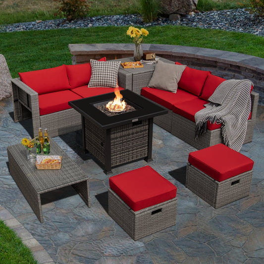 9 Pieces Outdoor Patio Furniture Set with 32-Inch Propane Fire Pit Table, Red - Gallery Canada