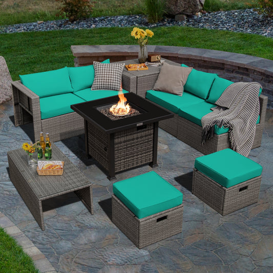 9 Pieces Outdoor Patio Furniture Set with 32-Inch Propane Fire Pit Table, Turquoise Outdoor Sectionals Turquoise at Gallery Canada