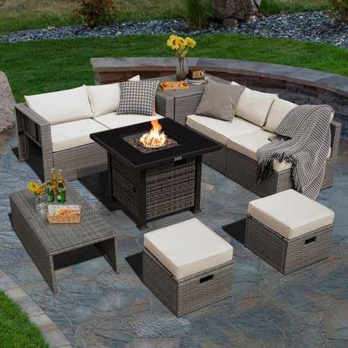 9 Pieces Outdoor Patio Furniture Set with 32-Inch Propane Fire Pit Table, Off White