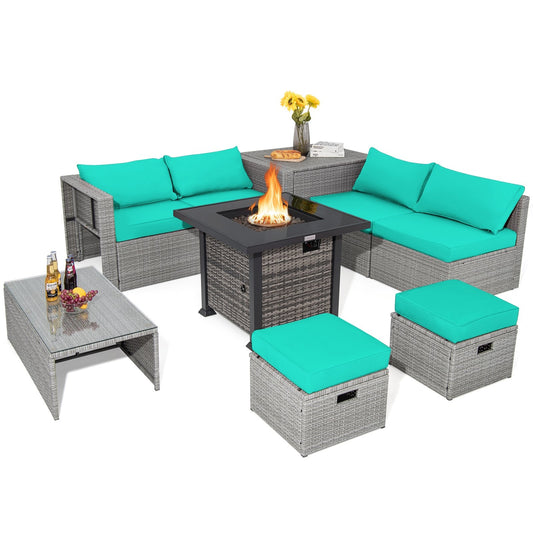 9 Pieces Outdoor Patio Furniture Set with 32-Inch Propane Fire Pit Table, Turquoise