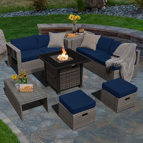 9 Pieces Outdoor Patio Furniture Set with 32-Inch Propane Fire Pit Table, Navy