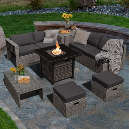 9 Pieces Outdoor Patio Furniture Set with 32-Inch Propane Fire Pit Table, Gray