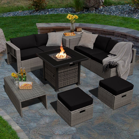 9 Pieces Outdoor Patio Furniture Set with 32-Inch Propane Fire Pit Table, Black - Gallery Canada