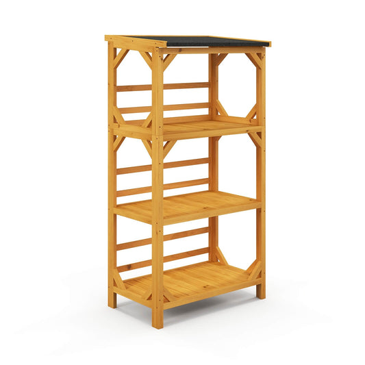 3-Tier Wooden Plant Stand with Weatherproof Asphalt Roof for Patio, Natural - Gallery Canada