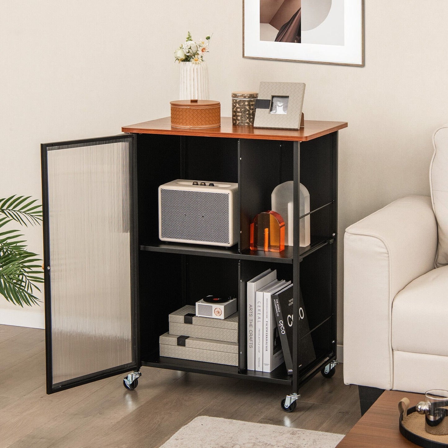Mobile Serving Cart with Transparent Single Door Cabinet, Black - Gallery Canada