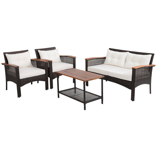 4-Piece Patio Rattan Furniture Set, Acacia Wood, Espresso