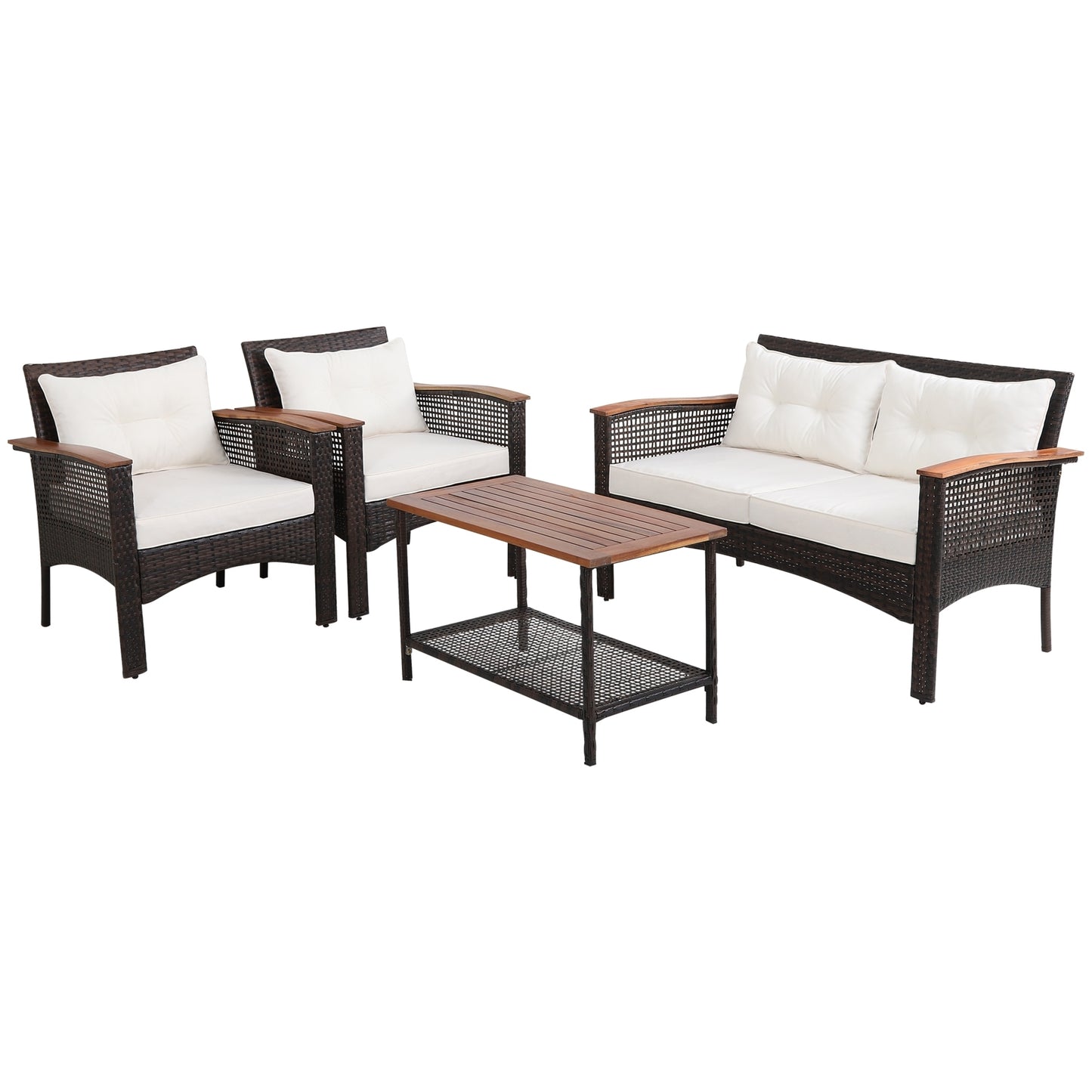 4 Pieces Patio Rattan Acacia Wood Furniture Set with Cushions and Armrest, Espresso Patio Conversation Sets at Gallery Canada