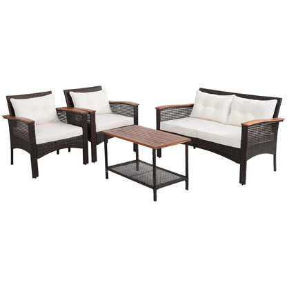 4 Pieces Patio Rattan Acacia Wood Furniture Set with Cushions and Armrest, Espresso Patio Conversation Sets at Gallery Canada