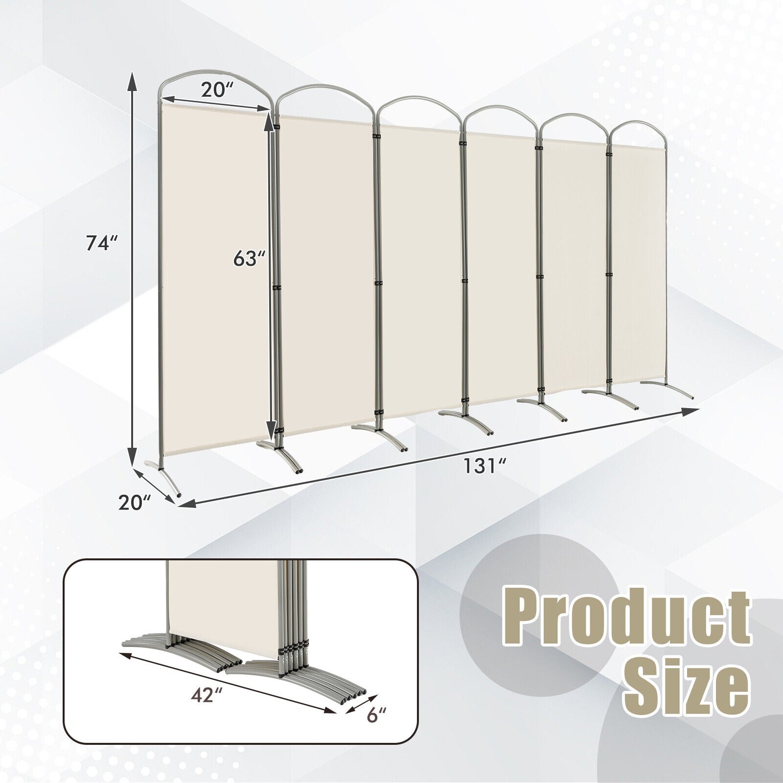 6 Feet 6-Panels Freestanding Folding Privacy Screen, White Room Dividers at Gallery Canada