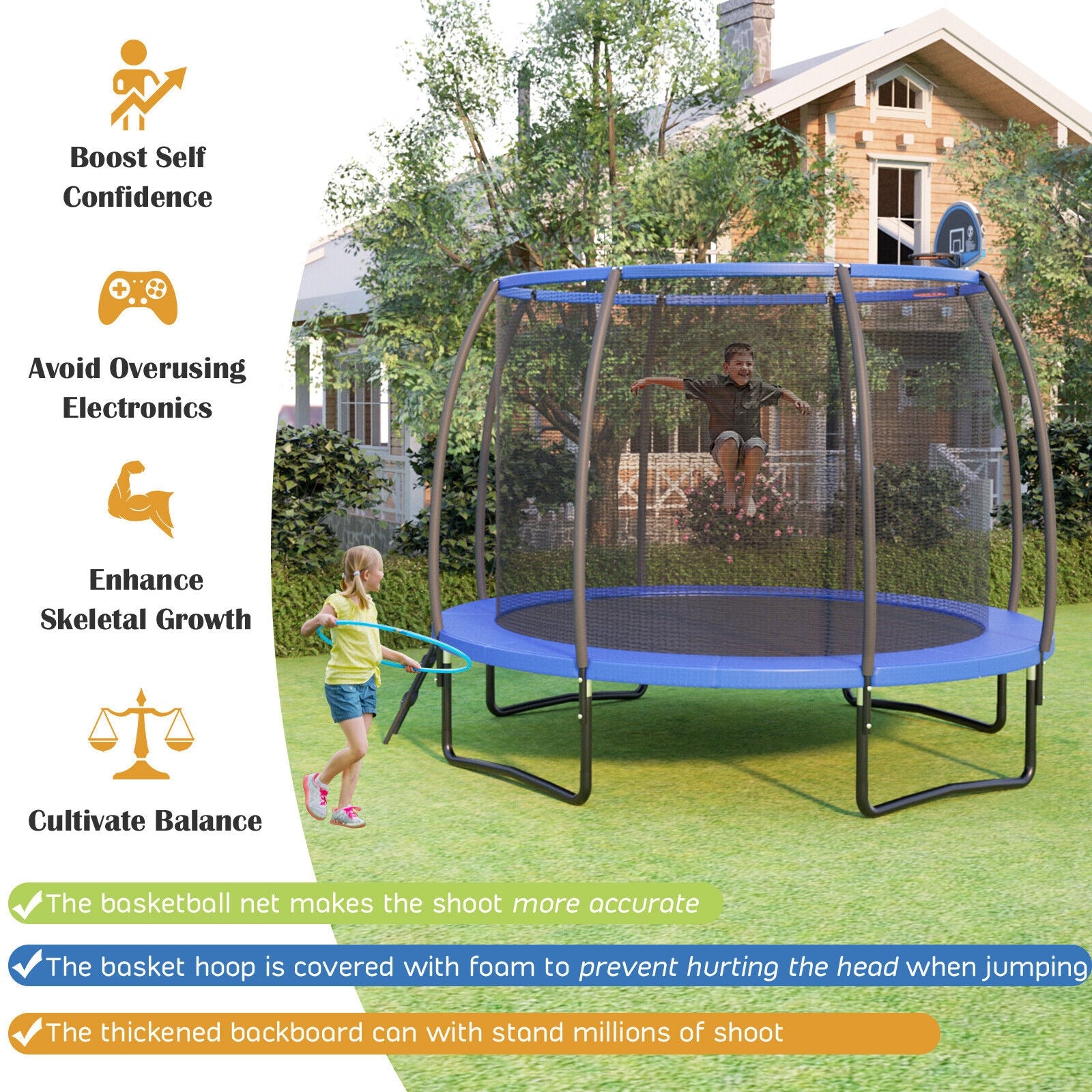 8/10 Feet Recreational Trampoline with Basketball Hoop-12 ft, Black Trampolines at Gallery Canada