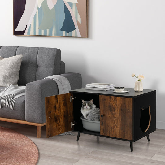 Industrial Cat Litter Box Enclosure with Divider and Cat-Shaped Entries, Brown - Gallery Canada