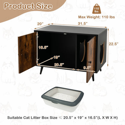 Industrial Cat Litter Box Enclosure with Divider and Cat-Shaped Entries, Brown
