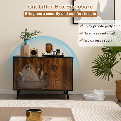 Industrial Cat Litter Box Enclosure with Divider and Cat-Shaped Entries, Brown