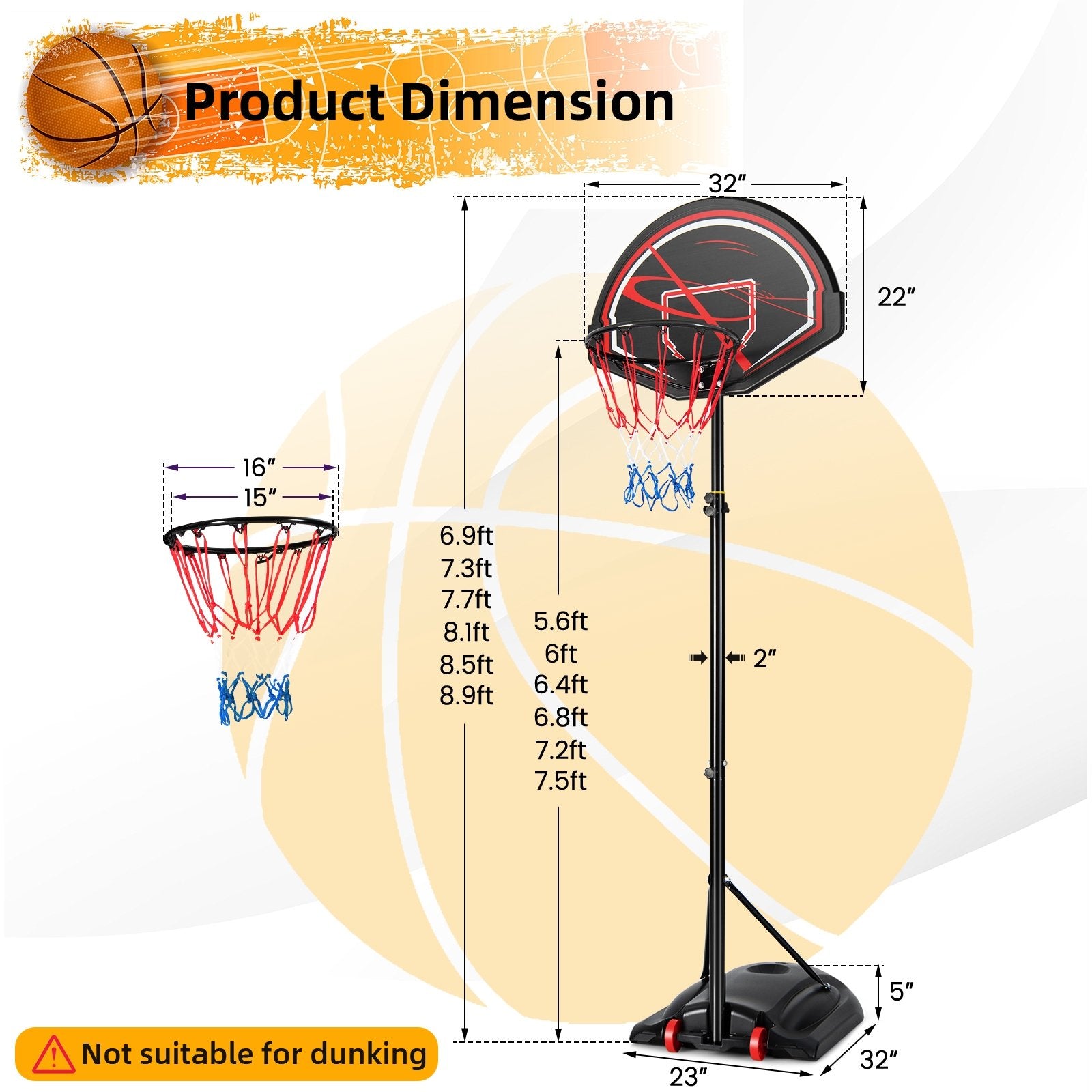 Portable Basketball Hoop Stand with Wheels and 2 Nets, Black - Gallery Canada