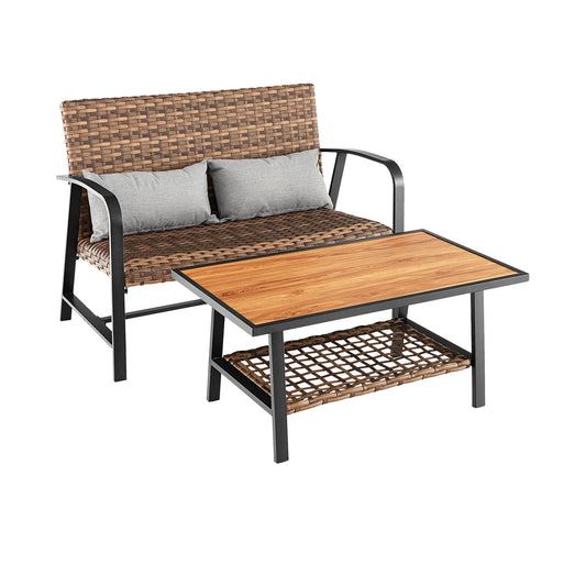 2 Pieces Patio Rattan Coffee Table Set with Shelf and Quick Dry Cushion, Brown Patio Coffee Tables Brown at Gallery Canada