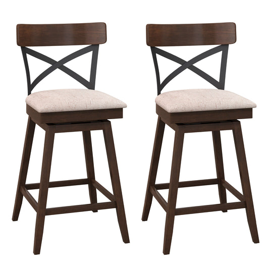 Set of 2 Wooden Swivel Bar Stools with Cushioned Seat and Open X Back-25 inches, Brown Bar Stools 25 inches at Gallery Canada