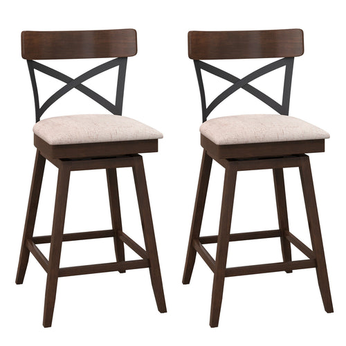 Set of 2 Wooden Swivel Bar Stools with Cushioned Seat and Open X Back-25 inches, Brown