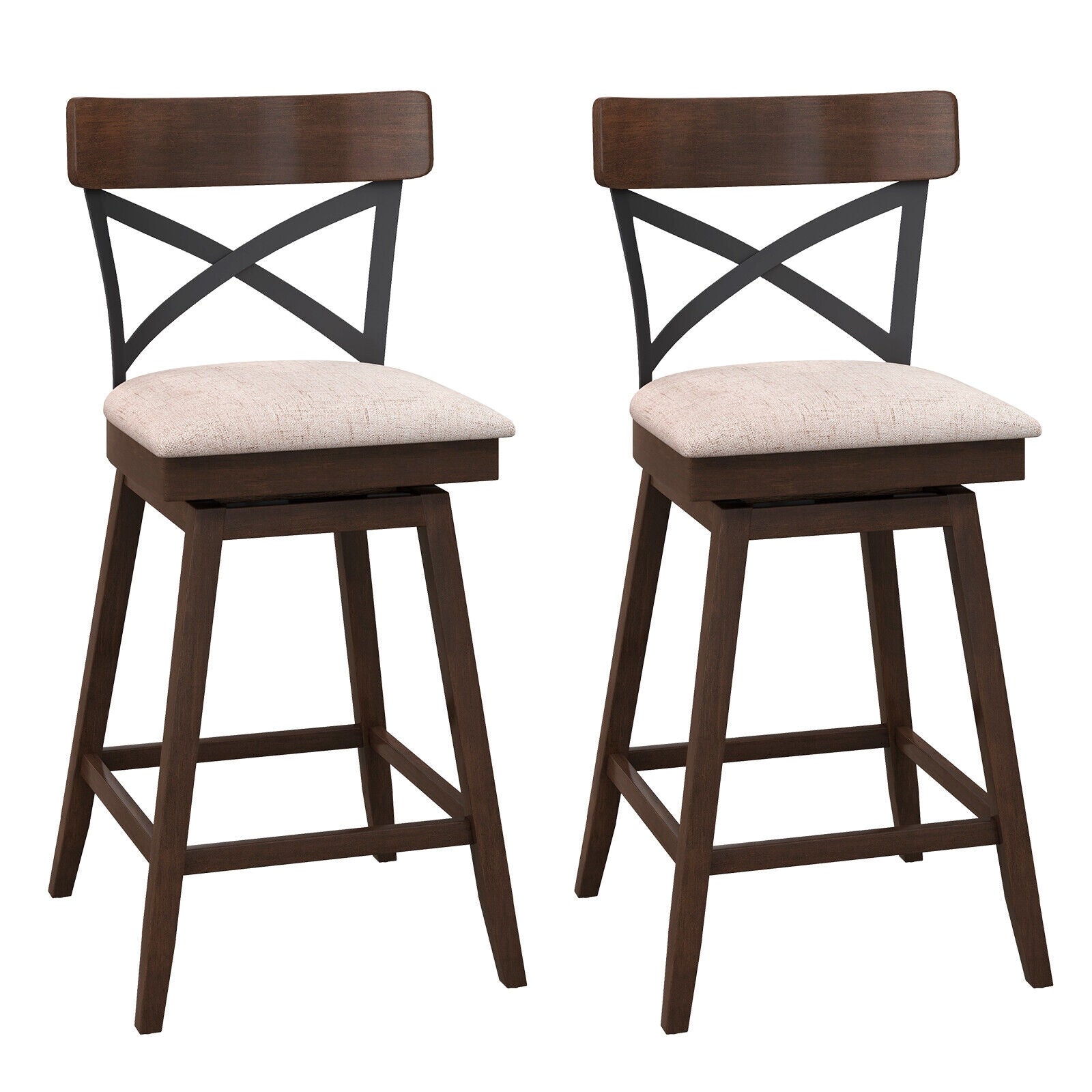 Wooden Swivel Bar Stools, 25 Inches, Cushioned Seat, Open X Back, Brown Bar Stools at Gallery Canada