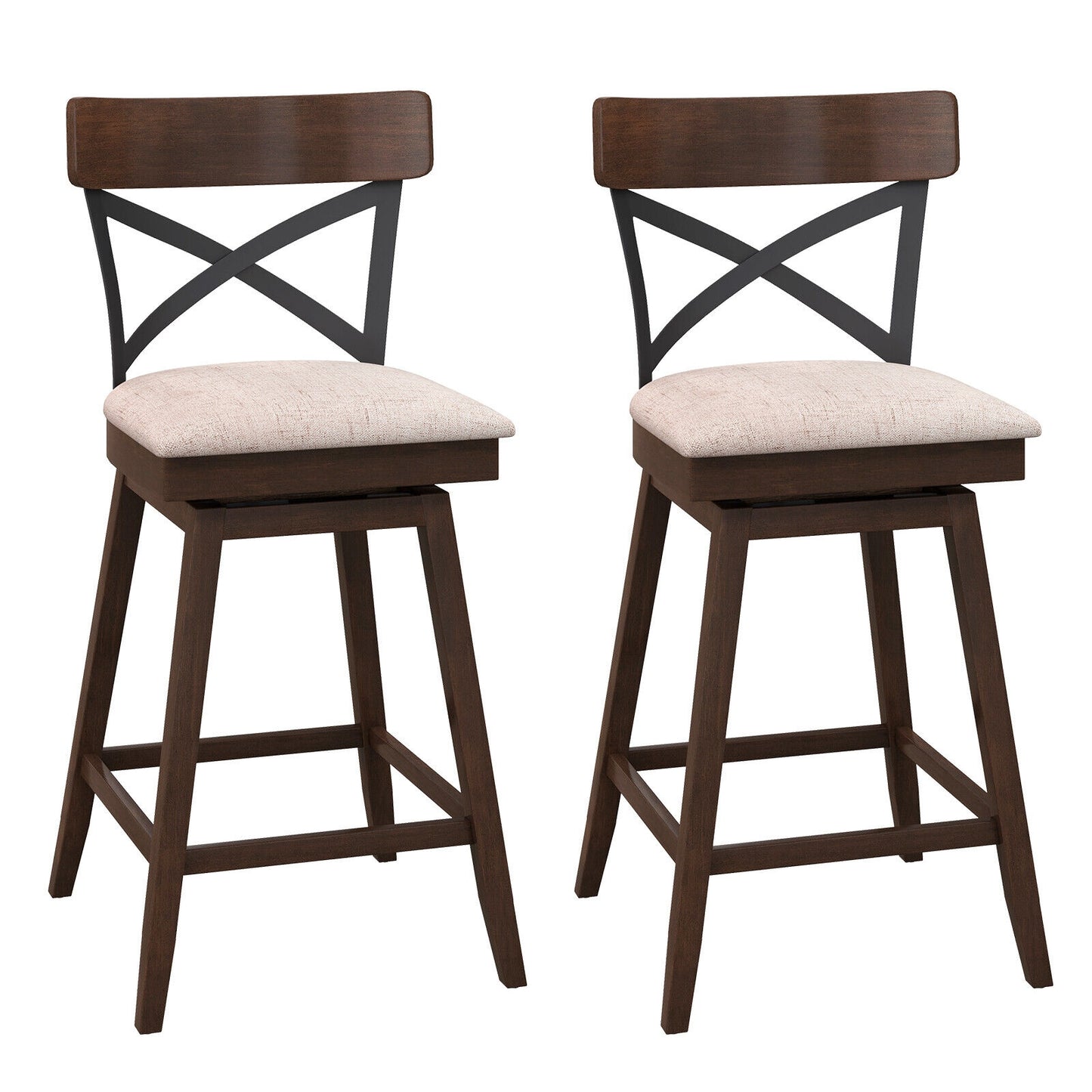 Wooden Swivel Bar Stools, 25 Inches, Cushioned Seat, Open X Back, Brown Bar Stools at Gallery Canada