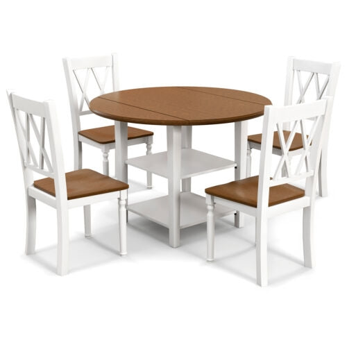 5 Piece Round Kitchen Dining Set, Drop Leaf Table Top, Walnut, Gray Dining Room Sets Walnut & Gray at Gallery Canada