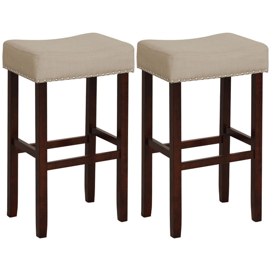 2 Set Upholstered Bar Stool, 29 Inch Height, Solid Rubber Wood Legs, Beige