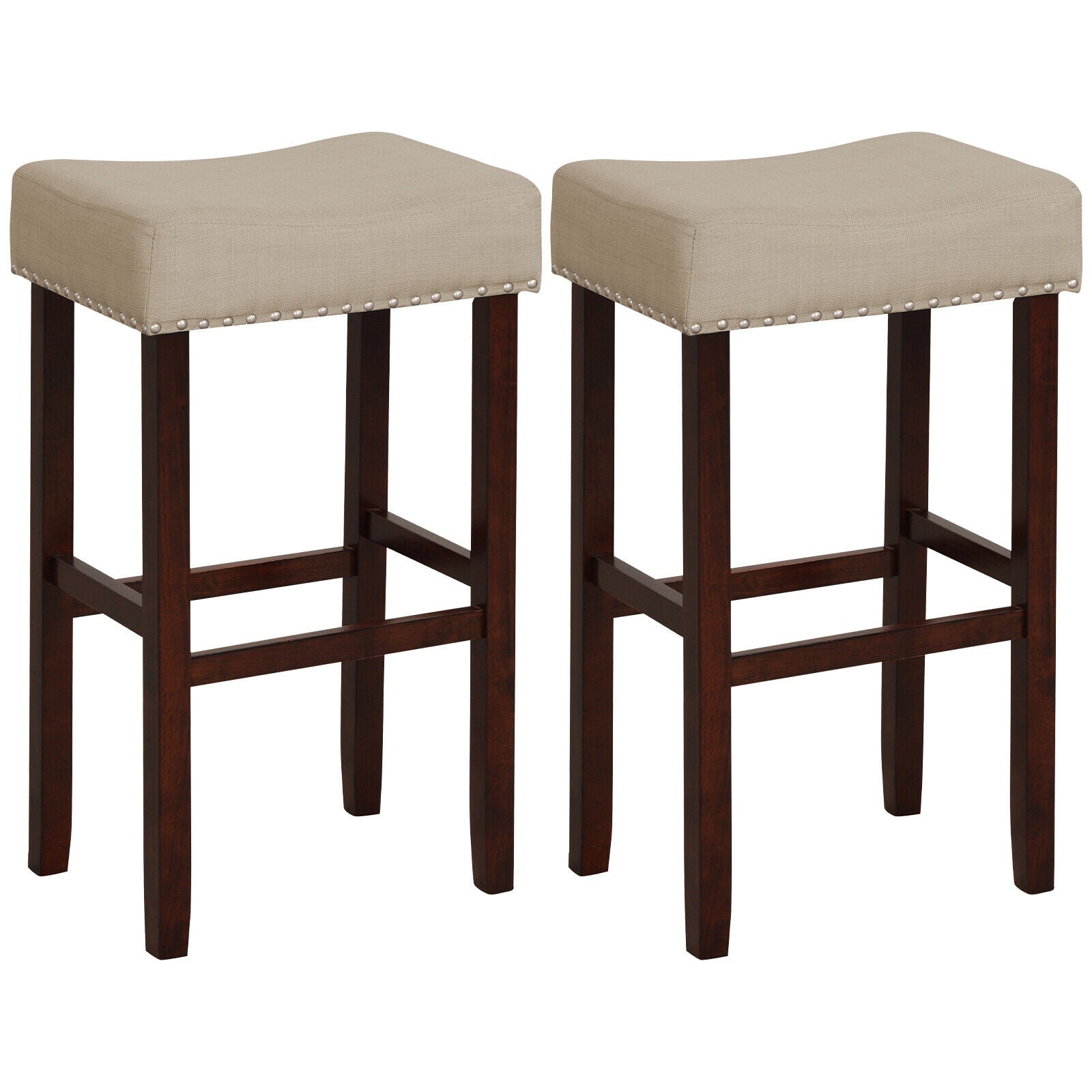 2 Set Upholstered Bar Stool, 29 Inch Height, Solid Rubber Wood Legs, Beige Bar Stools at Gallery Canada