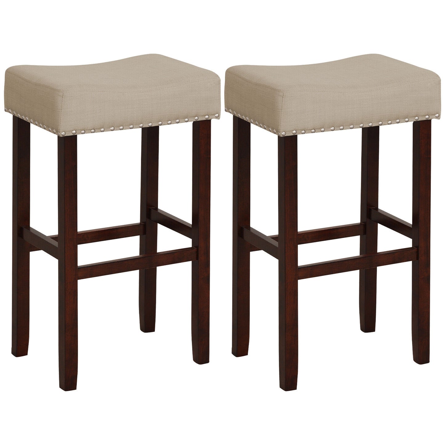 2 Set Upholstered Bar Stool, 29 Inch Height, Solid Rubber Wood Legs, Beige Bar Stools at Gallery Canada