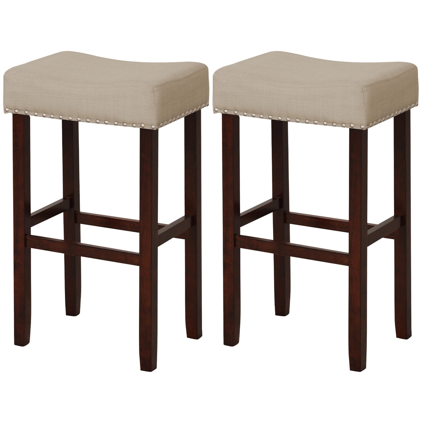 2 Set of 29 Inch Height Upholstered Bar Stool with Solid Rubber Wood Legs and Footrest, Beige Bar Stools at Gallery Canada