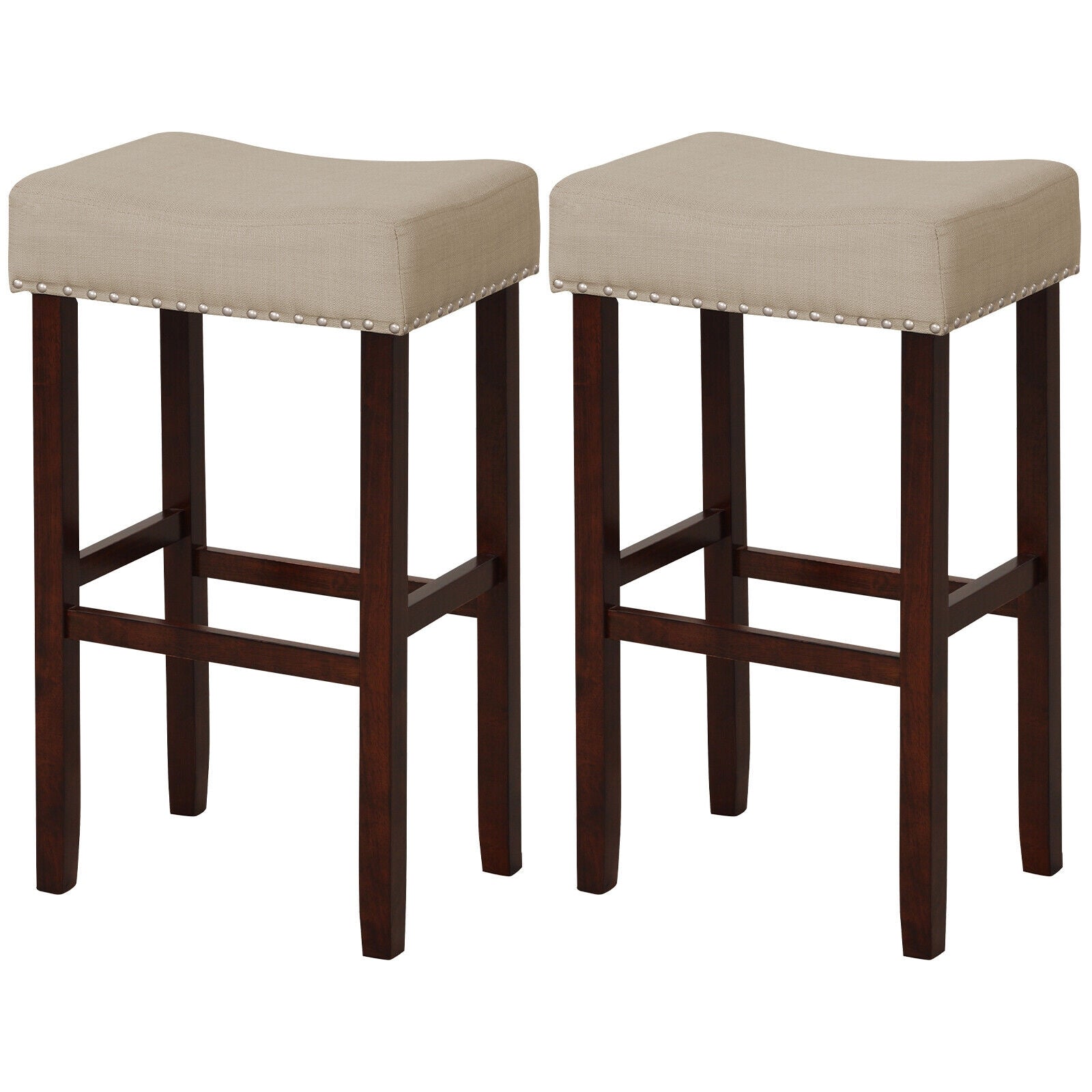 2 Set of 29 Inch Height Upholstered Bar Stool with Solid Rubber Wood Legs and Footrest, Beige Bar Stools at Gallery Canada