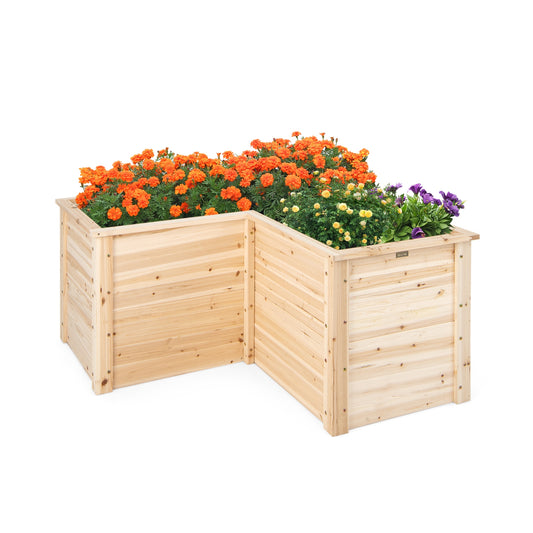24 Inch L-Shaped Wooden Raised Garden Bed, Open-Ended Base, Natural
