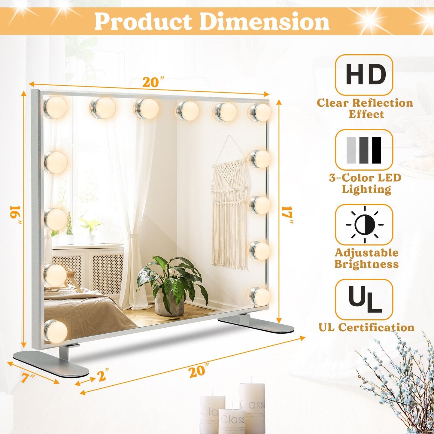2-in-1 Vanity Mirror with 14 Dimmable LED Bulbs, Silver - Gallery Canada