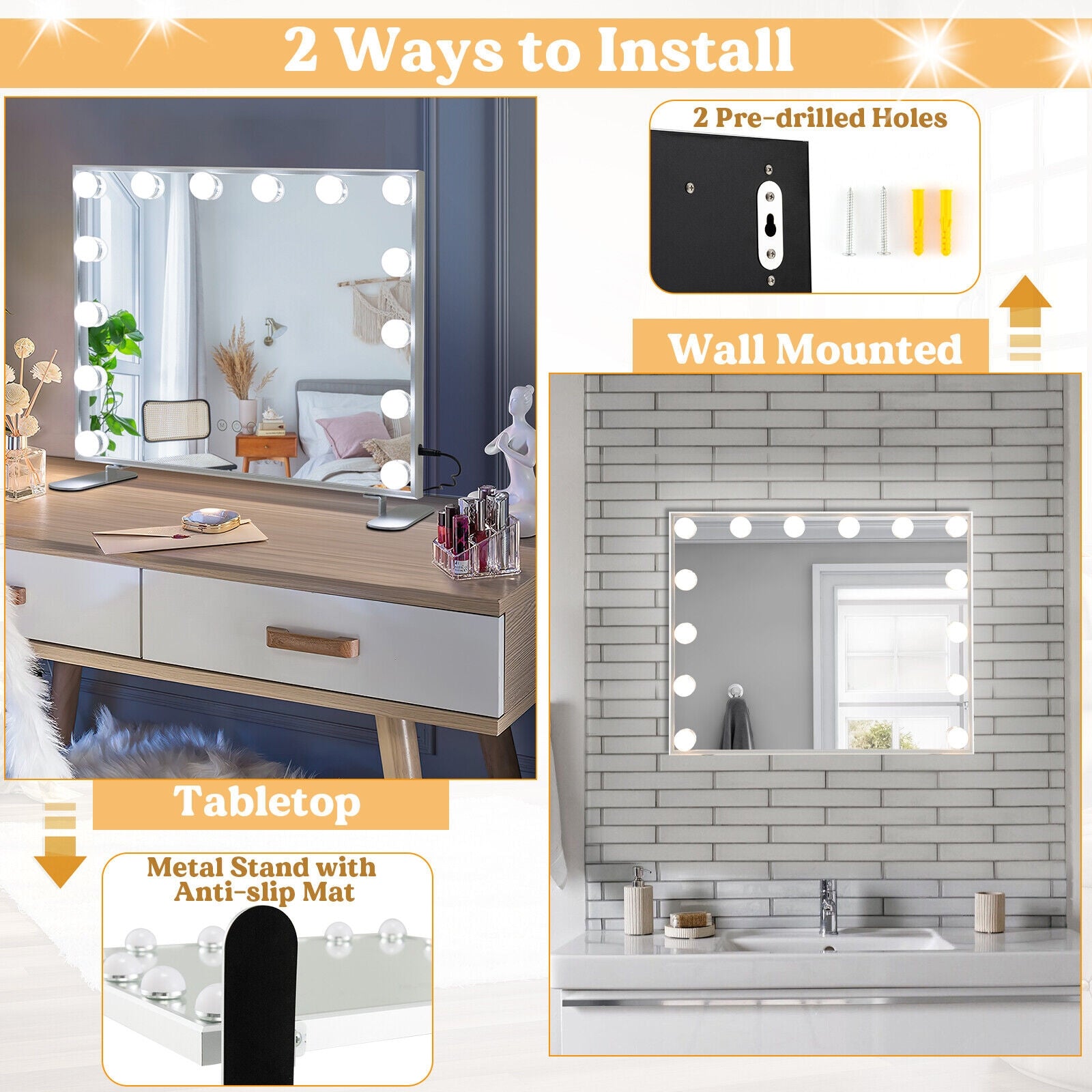 2-in-1 Vanity Mirror with 14 Dimmable LED Bulbs, Silver - Gallery Canada