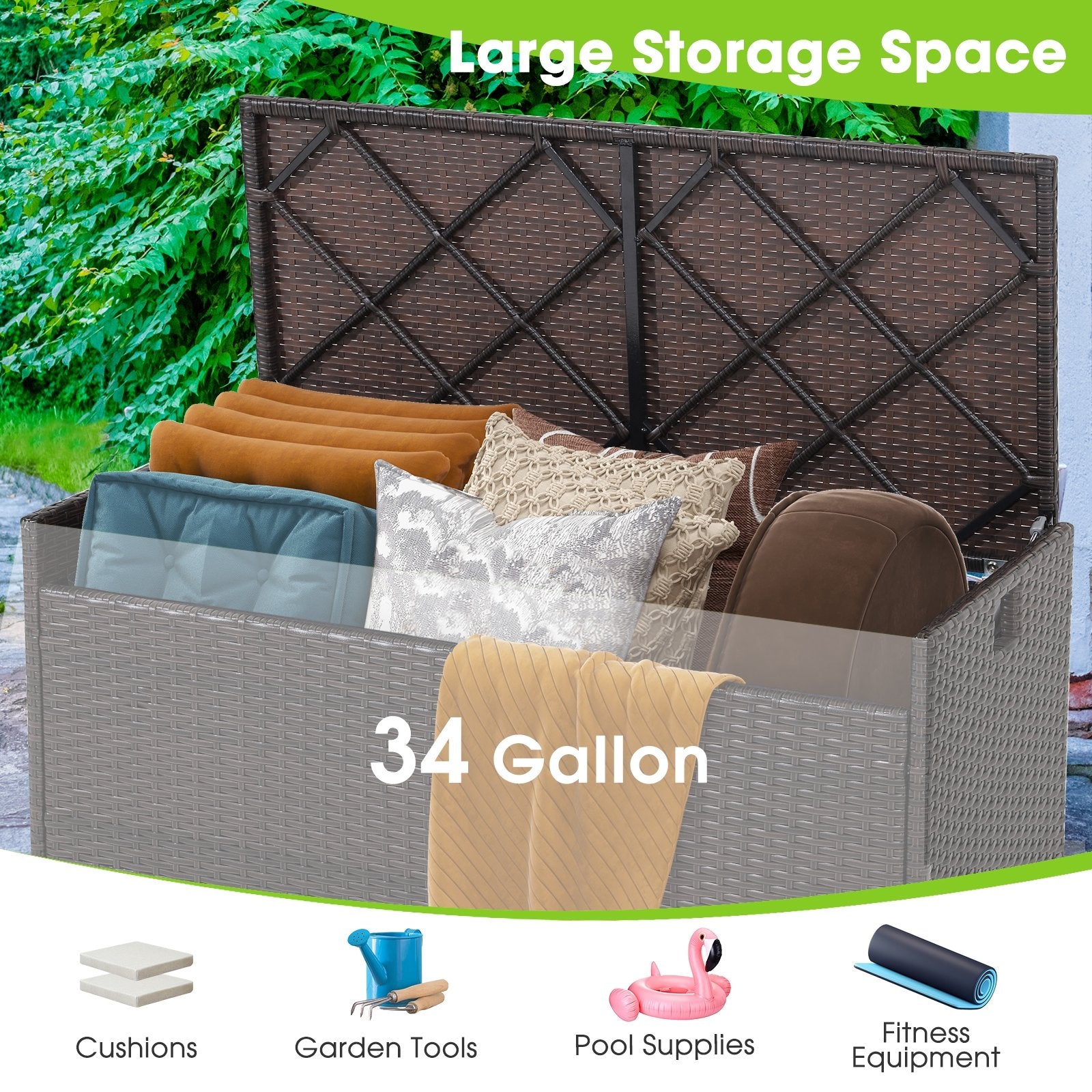 34 Gallon Patio Storage Bench with Seat Cushion and Zippered Liner, Brown - Gallery Canada