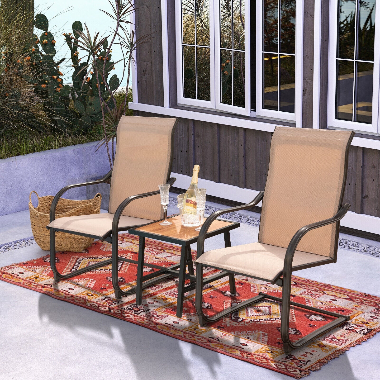 2 Pieces C-Spring Motion Patio Dining Chairs with Breathable Fabric, Brown Patio Dining Chairs at Gallery Canada