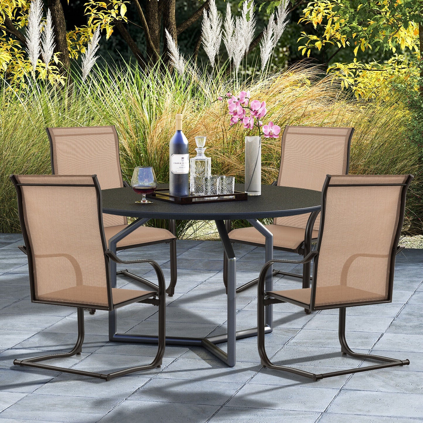 2 Pieces C-Spring Motion Patio Dining Chairs with Breathable Fabric, Brown Patio Dining Chairs at Gallery Canada