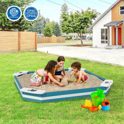 Outdoor Solid Wood Sandbox with 4 Built-in Animal Patterns Seats, Blue