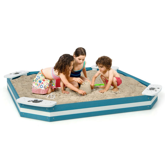 Outdoor Solid Wood Sandbox with 4 Built-in Animal Patterns Seats, Blue