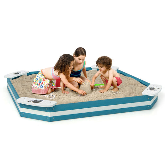 Outdoor Solid Wood Sandbox with 4 Built-in Animal Patterns Seats, Blue Sandboxes Blue at Gallery Canada