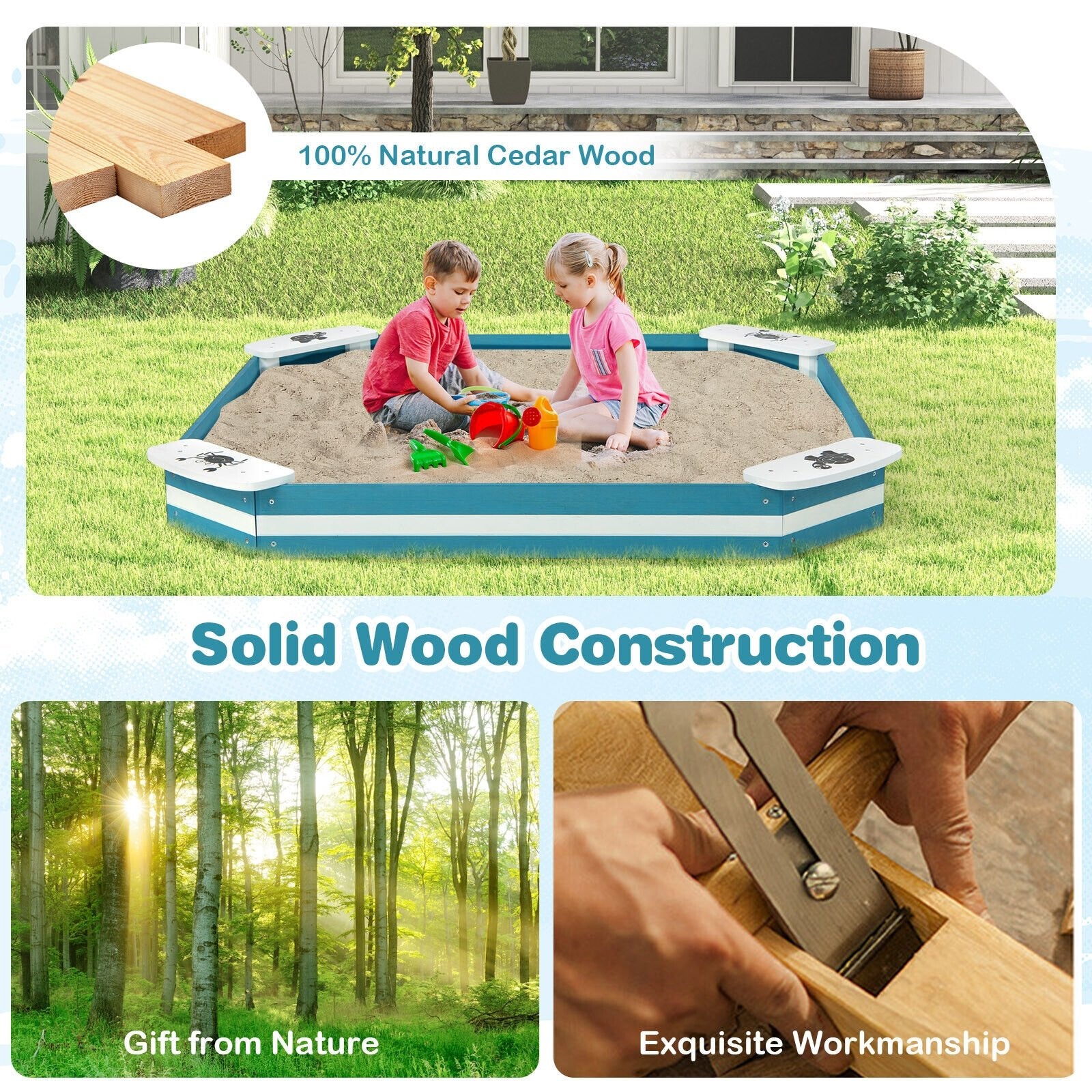 Outdoor Solid Wood Sandbox with 4 Built-in Animal Patterns Seats, Blue - Gallery Canada